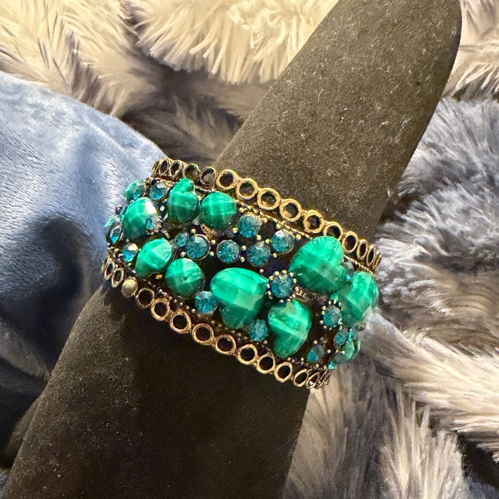 Antique Inspire Brass Tone Capri Blue Rhinestone Hearts Gem Cuff  Bracelet